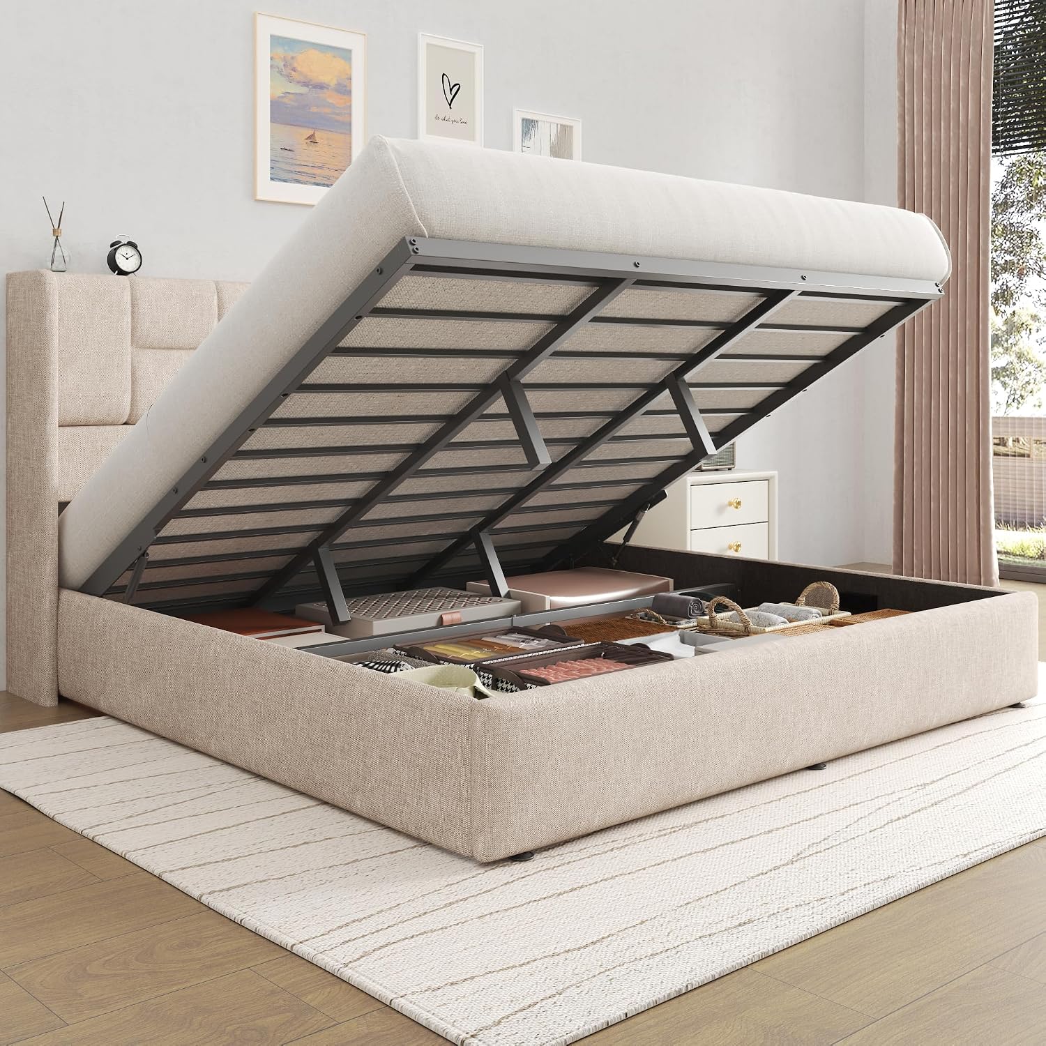 Linen Upholstered King Bed Fra - Gas Lift Storage Bed Hydraulic ulasan dan harga